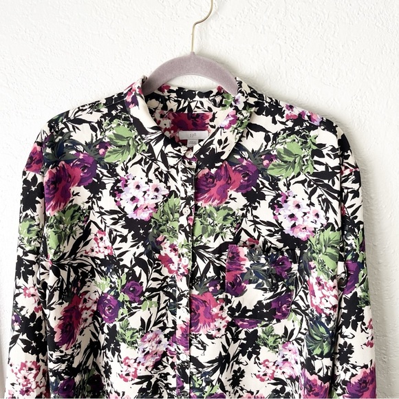 J. Jill Top Women's Large Petite LP Relaxed Shirttail Oatmeal Floral Office - Picture 3 of 10